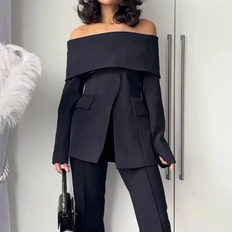 2024 Foreign Trade Women’s Suit Set Autumn Fashion Off-The-Shoulder Long Pants Two-Piece Suit