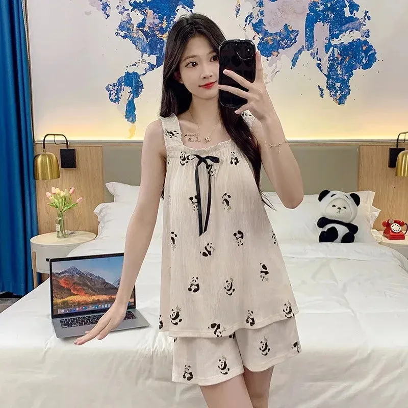 2024 Korean Summer Sexy Sling shorts pajamas Cotton women's two piece suit Pijamas Girl nightwear plus size nuisette femme pyjam