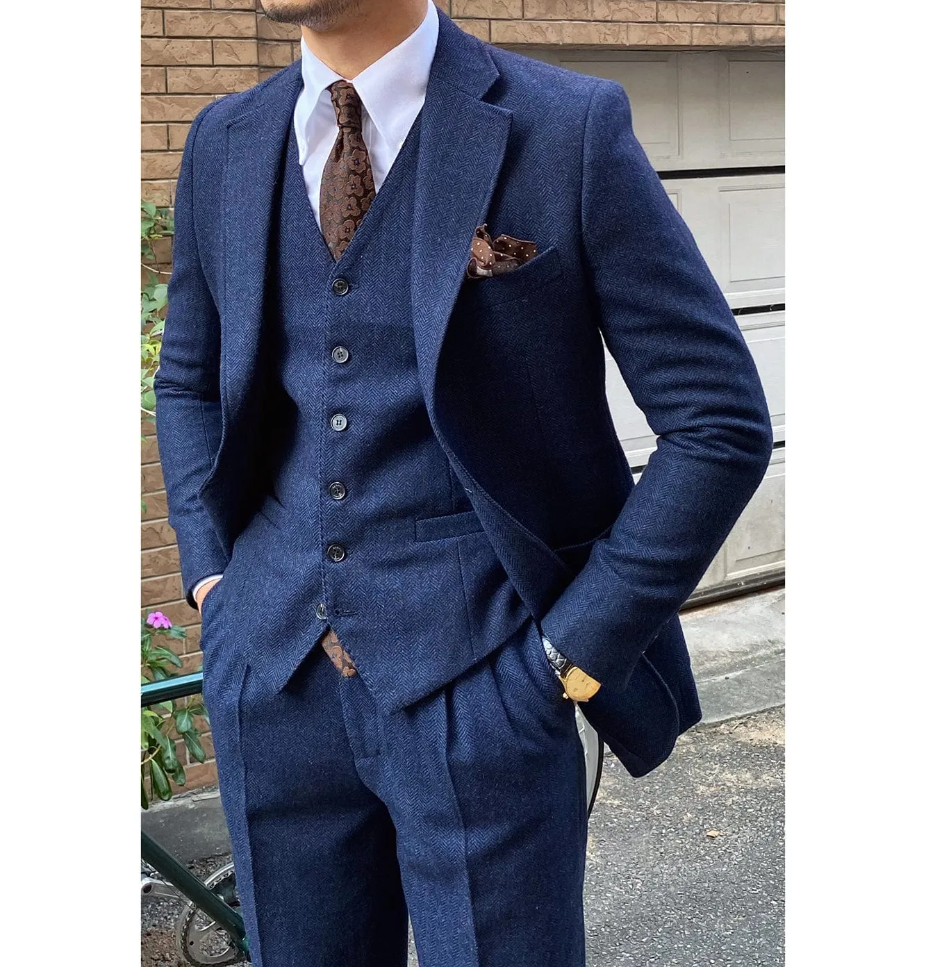 3 Piece Mens Suit Herringbone Notch Lapel Tuxedos (Blazer Vest Pants)