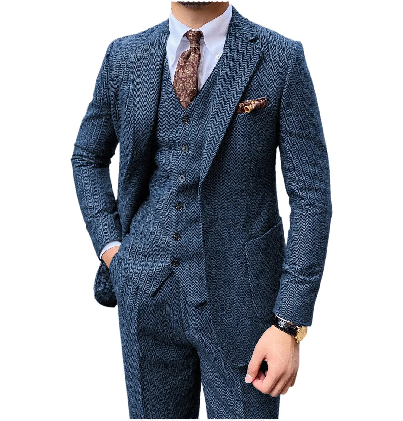 3 Piece Mens Suit Herringbone Notch Lapel Tuxedos (Blazer Vest Pants)