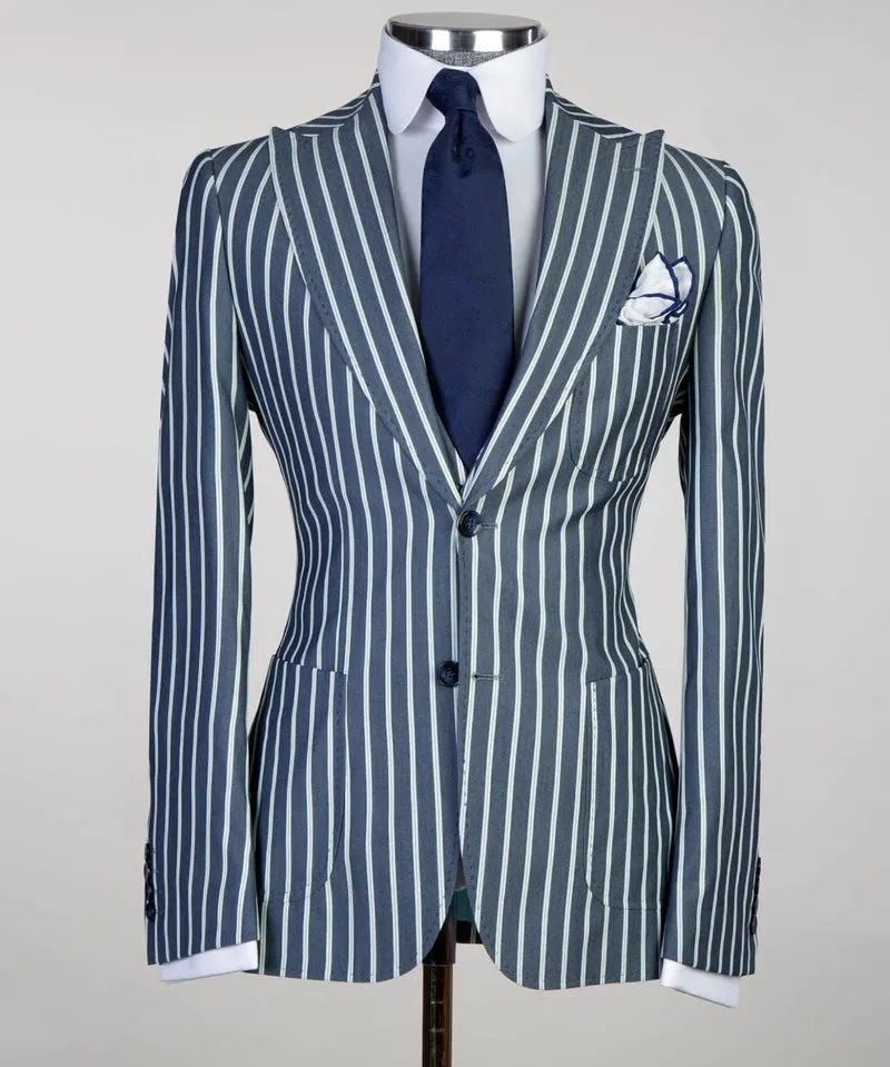 3 pieces Business Blue Striped Suit