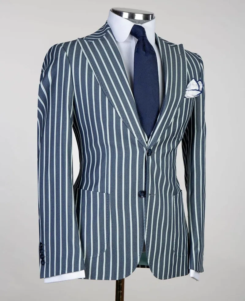 3 pieces Business Blue Striped Suit