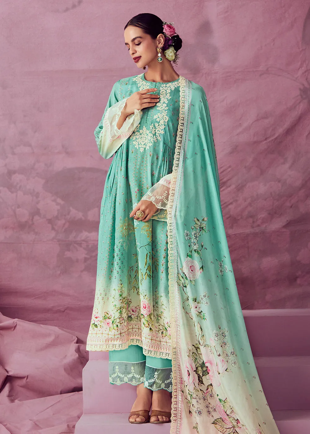 Aqua Green Muslin Cotton Printed Trendy Salwar Kurta Set