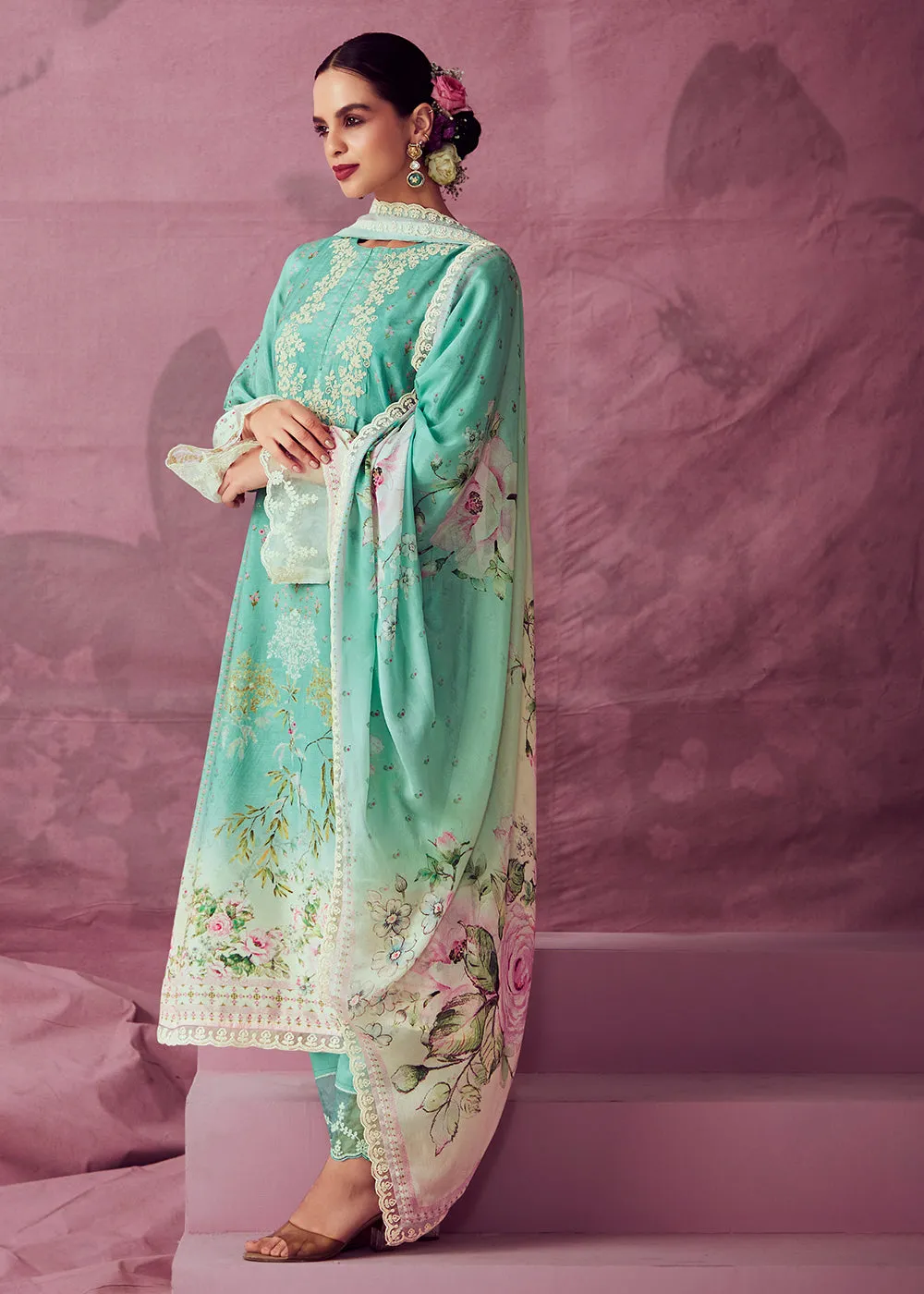 Aqua Green Muslin Cotton Printed Trendy Salwar Kurta Set