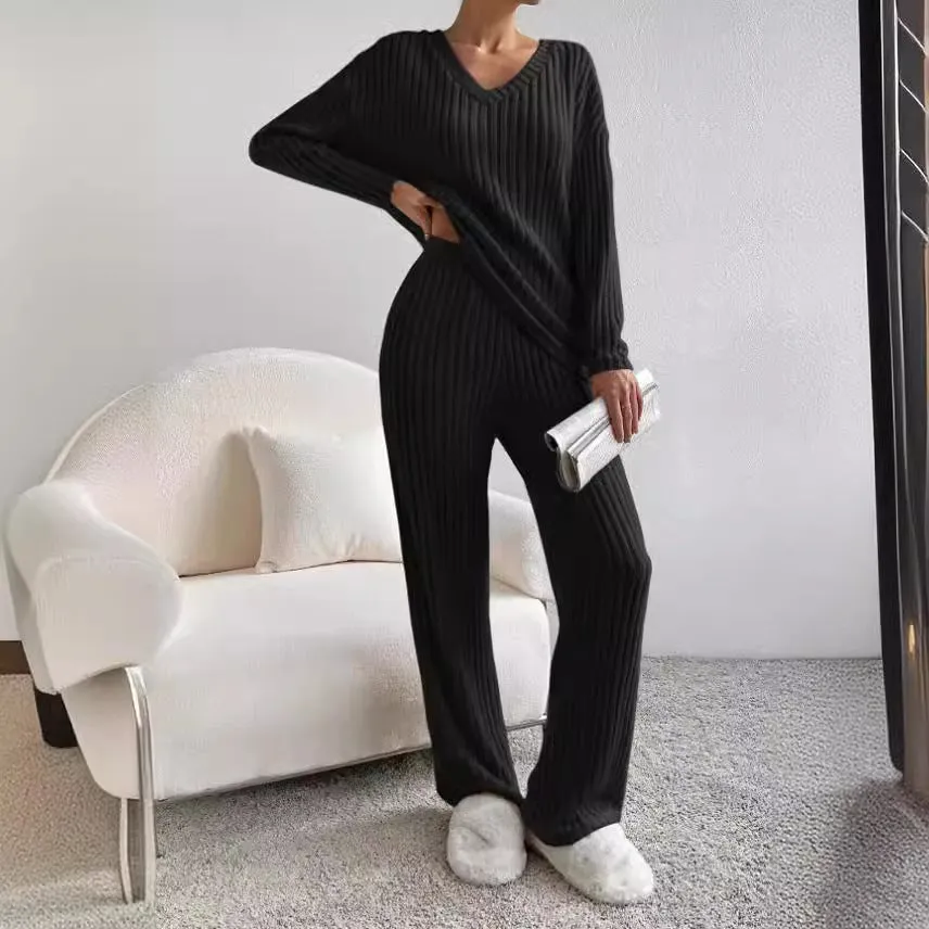 Autumn Winter New Two-Piece Fashion Casual Straight Pants Elegant Loose V-Neck Ribbed Knitted Set Suit