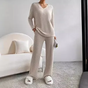 Autumn Winter New Two-Piece Fashion Casual Straight Pants Elegant Loose V-Neck Ribbed Knitted Set Suit