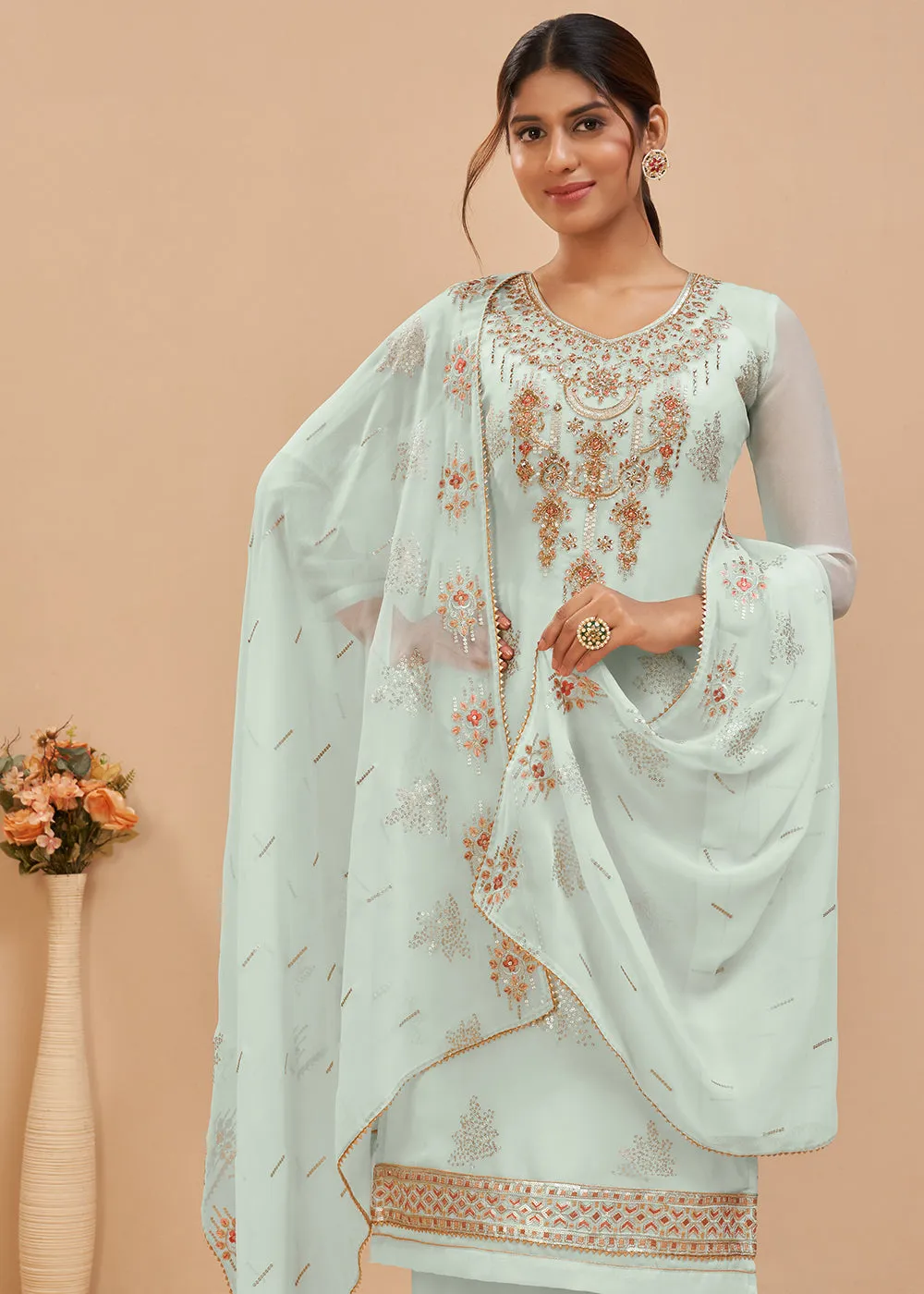 Baby Blue Beautifully Embroidered Elegant Salwar Kameez