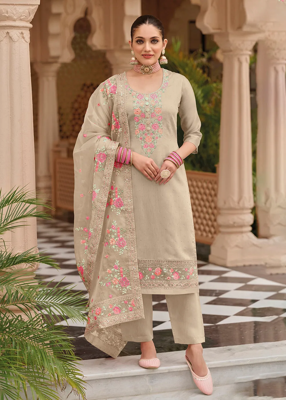 Beige Maheshwari Silk Embroidered Festive Salwar Suit