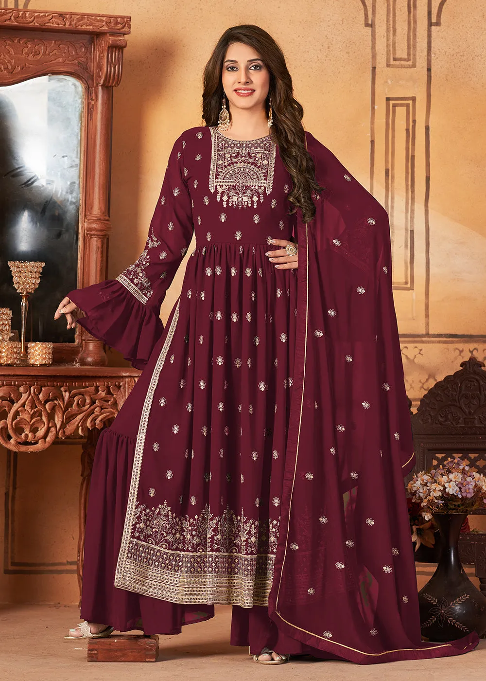 Bell Sleeved Radiant Maroon Wedding Function Palazzo Suit