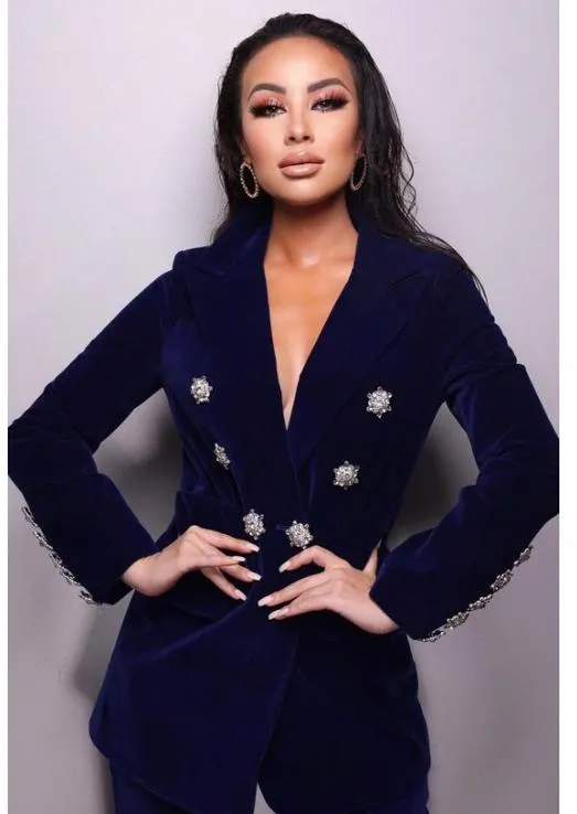 BERTA Blue V Neck Long Sleeve 2 Piece Suit