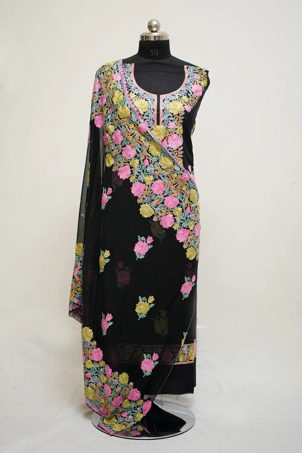 Black  Aari Work Salwar Kameez With Neckline Rose Pattern And Designer Dupatta.