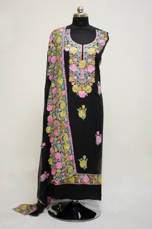 Black  Aari Work Salwar Kameez With Neckline Rose Pattern And Designer Dupatta.