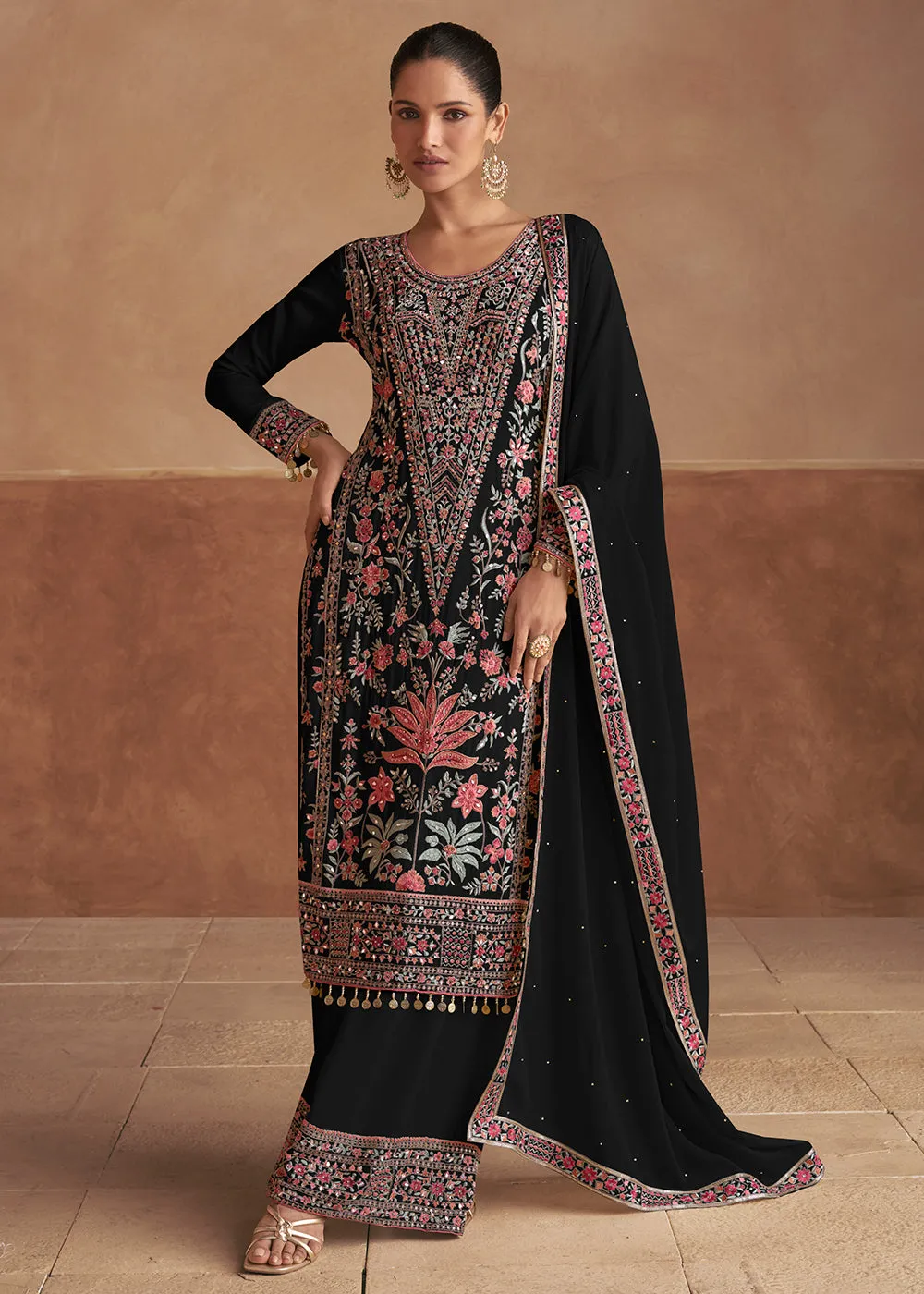 Black Handwork Embroidered Festive Palazzo Style Suit