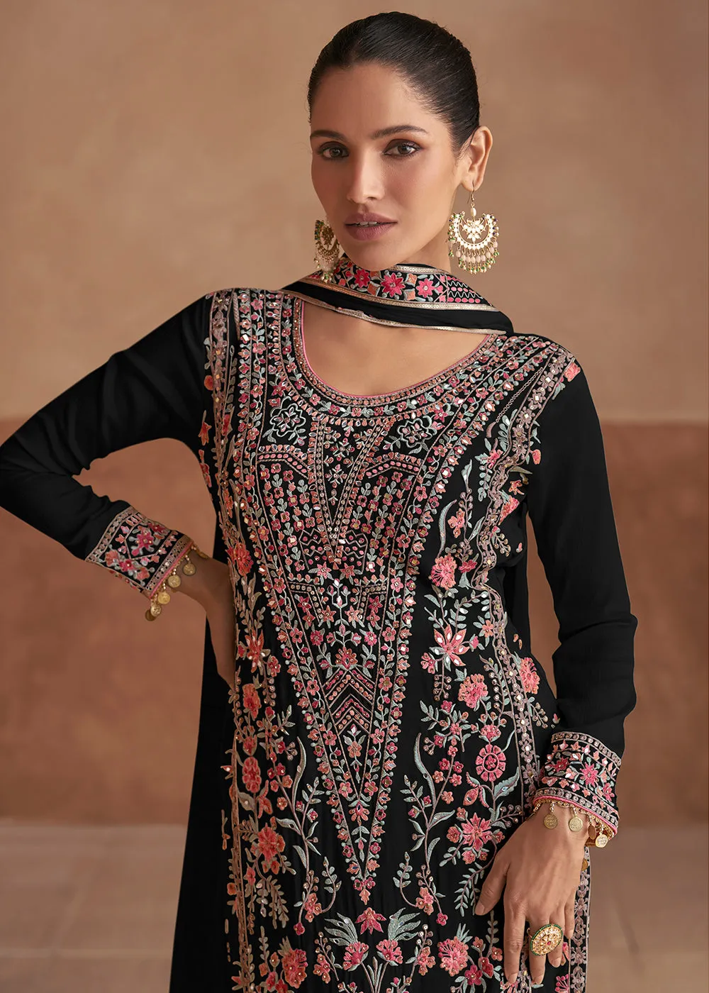 Black Handwork Embroidered Festive Palazzo Style Suit