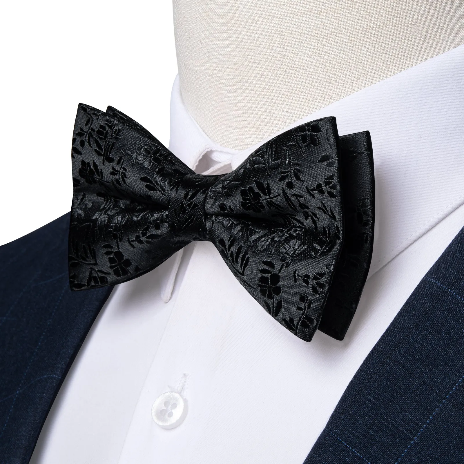 Black Paisley Self-Bowtie Pocket Square Cufflinks Set