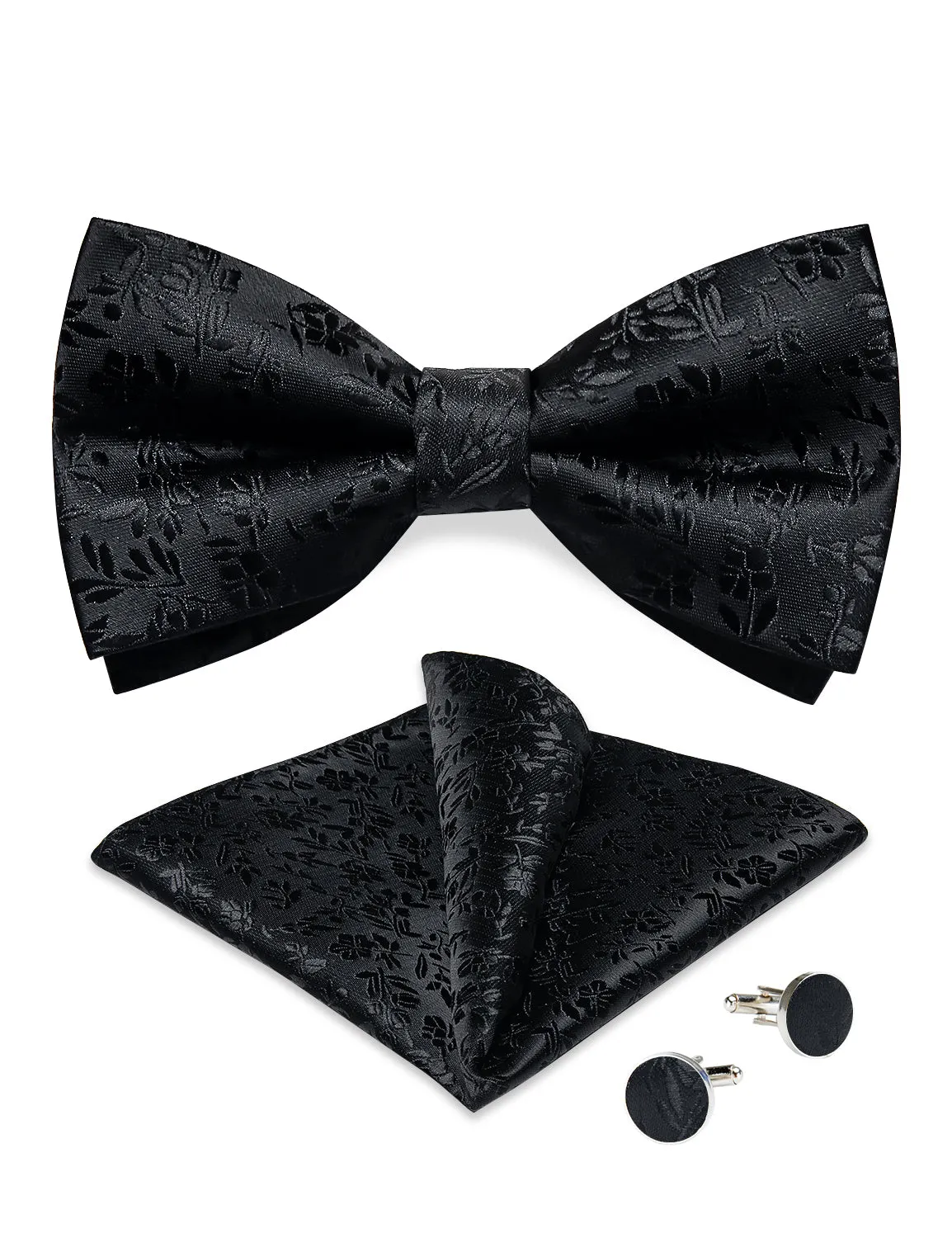 Black Paisley Self-Bowtie Pocket Square Cufflinks Set