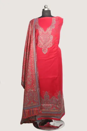 Bright Pink Color Woolen Kashmiri Kani Work Unstitched Suit Fabric With Stole.