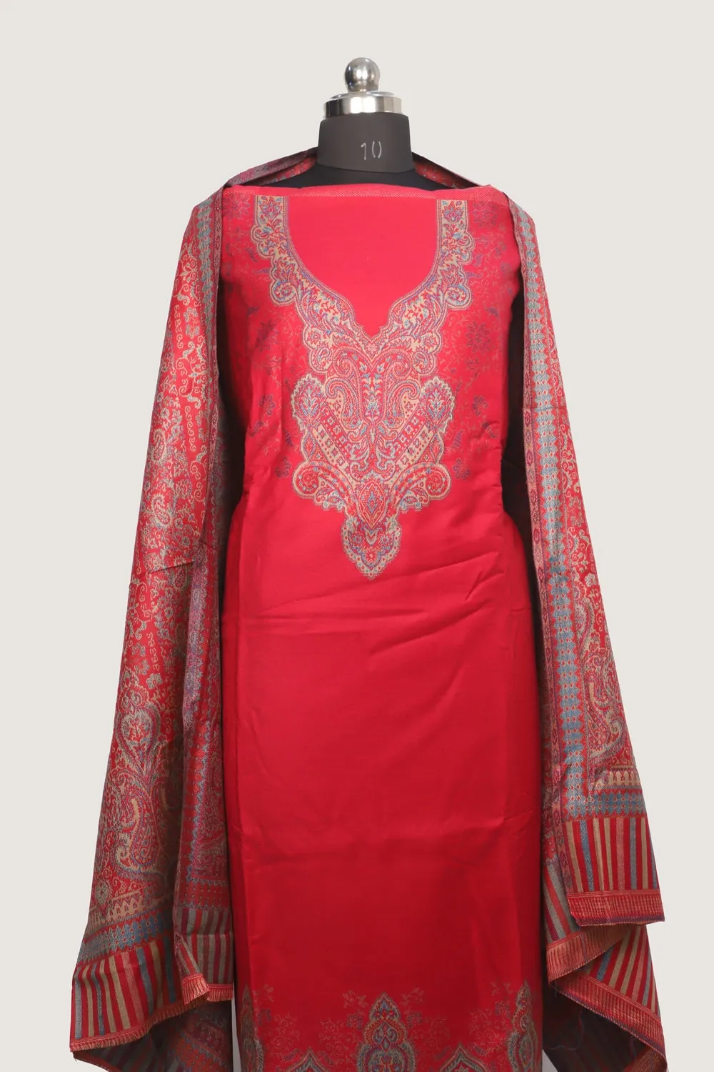 Bright Pink Color Woolen Kashmiri Kani Work Unstitched Suit Fabric With Stole.