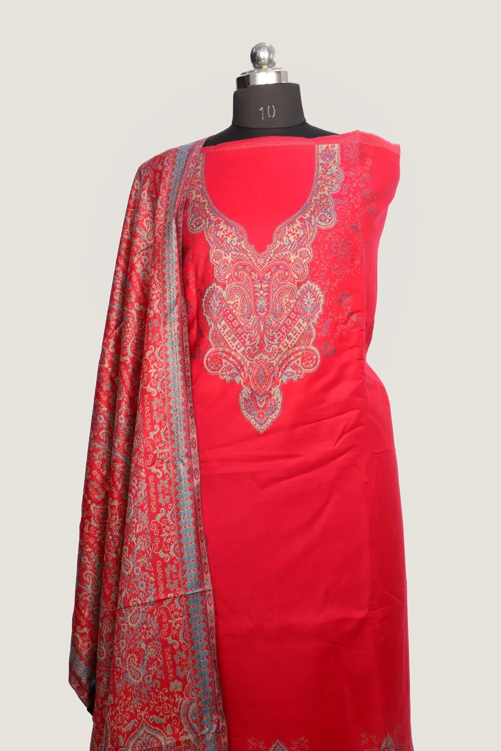 Bright Pink Color Woolen Kashmiri Kani Work Unstitched Suit Fabric With Stole.