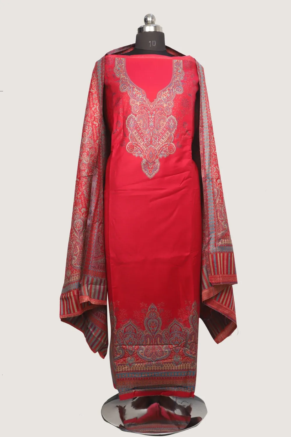 Bright Pink Color Woolen Kashmiri Kani Work Unstitched Suit Fabric With Stole.