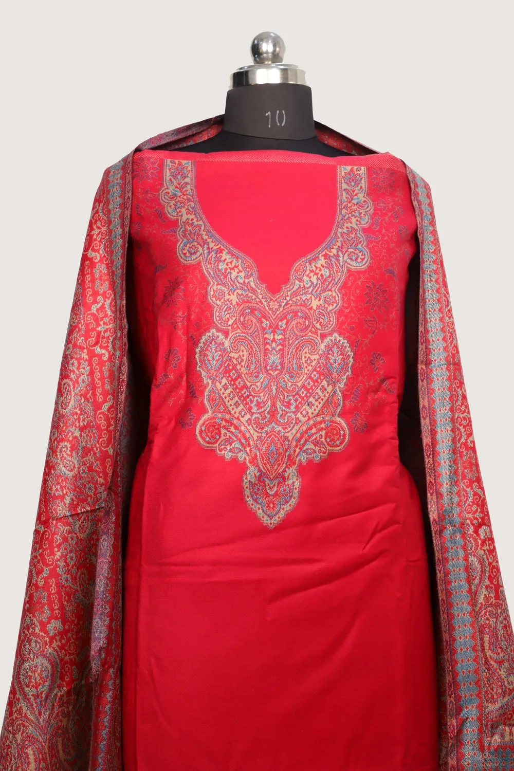 Bright Pink Color Woolen Kashmiri Kani Work Unstitched Suit Fabric With Stole.