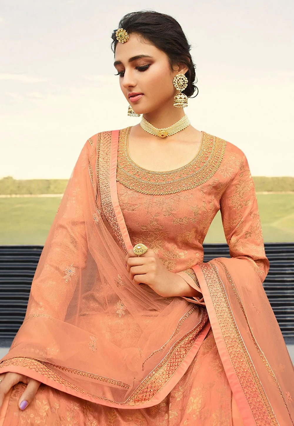 Brilliant Peach Jacquard Silk Embroidered Palazzo Suit