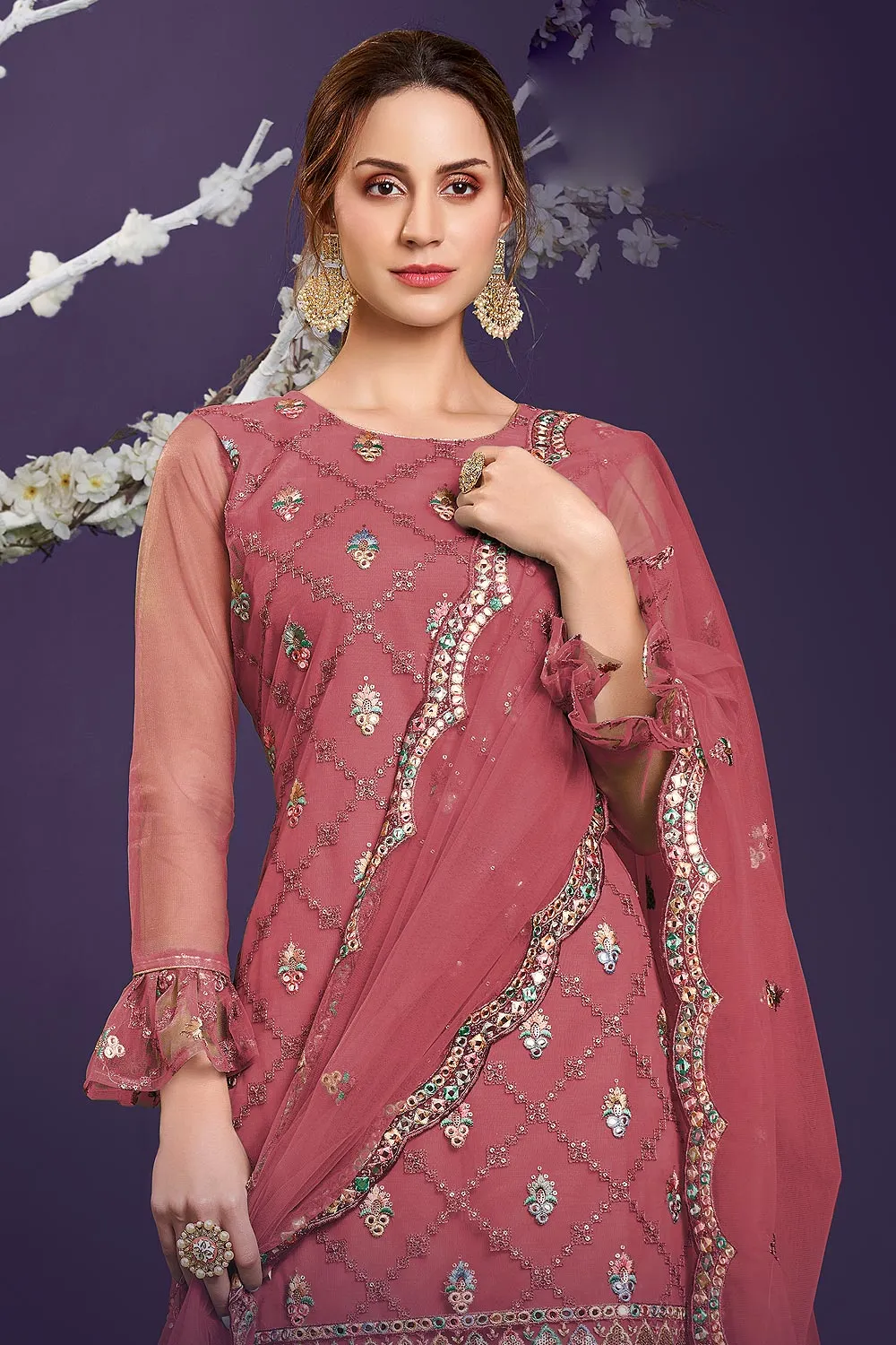 Butterfly Net Rosewood Pink Premium Embroidered Gharara Suit