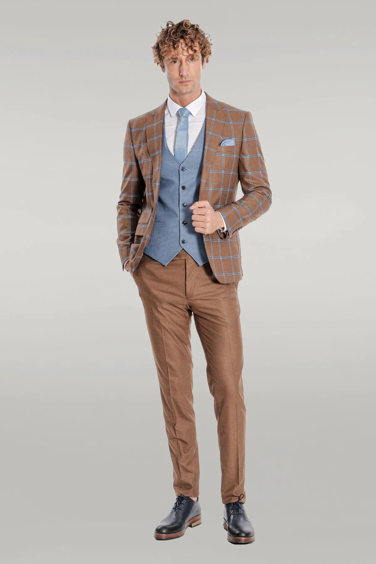 Checked Patterned Slim Fit Brown Men Suit - Wessi