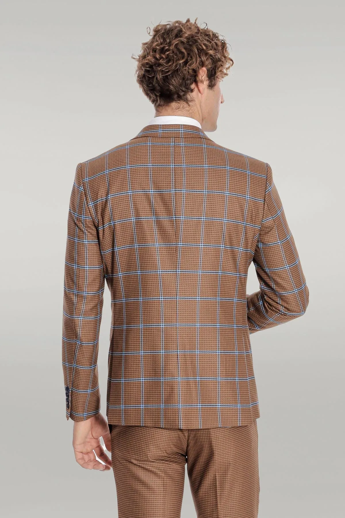 Checked Patterned Slim Fit Brown Men Suit - Wessi