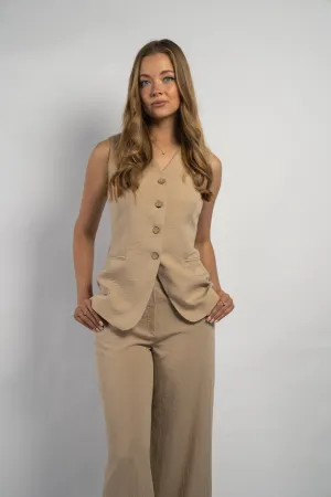 Chic Beige Sleeveless Suit Set with Tailored Vest and Wide-Leg Pants