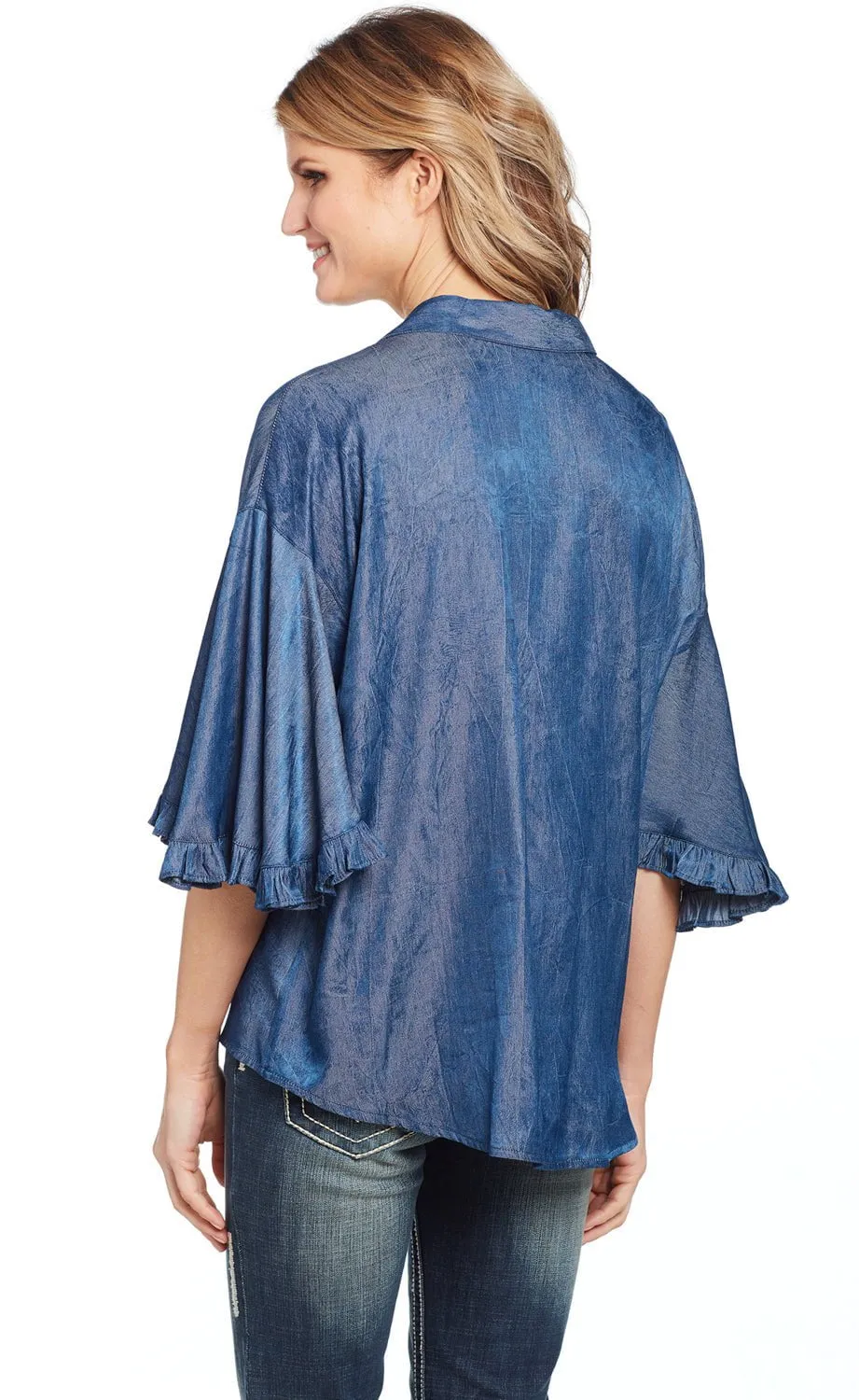 Cowgirl Up Womens Denim Polyester V-Neck Ruffle Blouse S/S