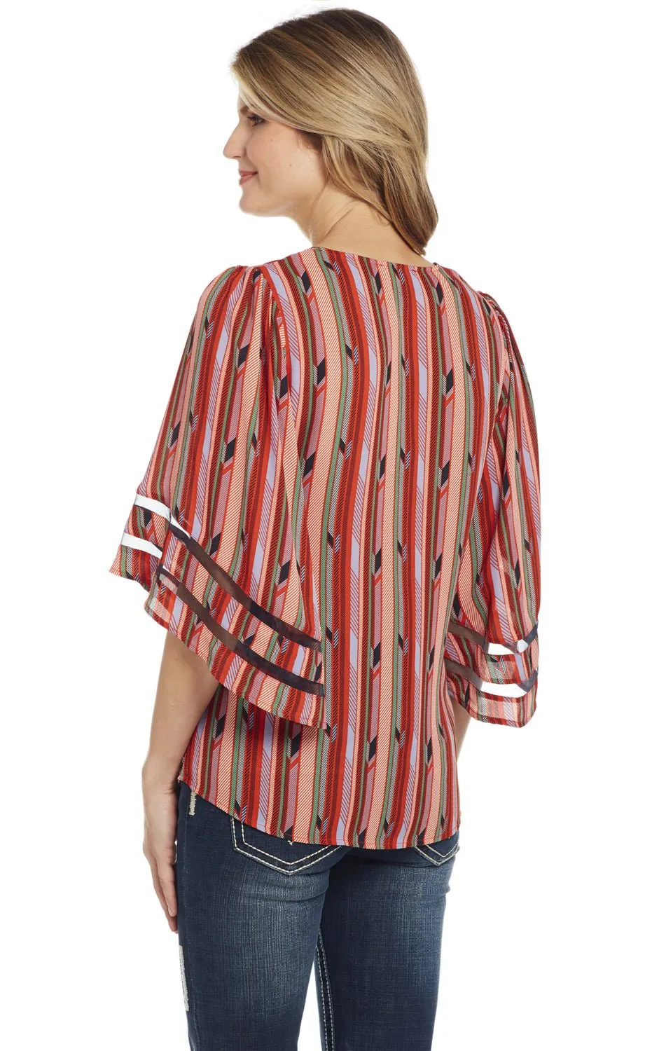 Cowgirl Up Womens Red/Green Polyester Striped Blouse S/S