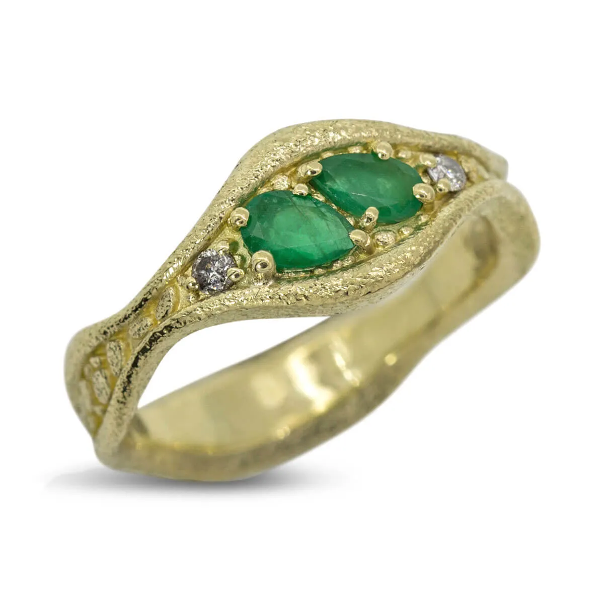 Custom Wavy Ring with Emeralds and Diamonds