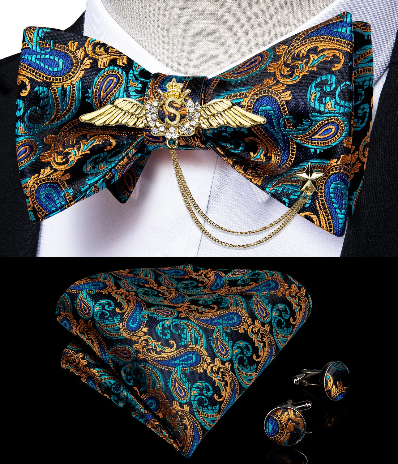 Cyan Yellow Paisley Self-Bowtie Pocket Square Cufflinks With Wing Lapel Pin Brooch