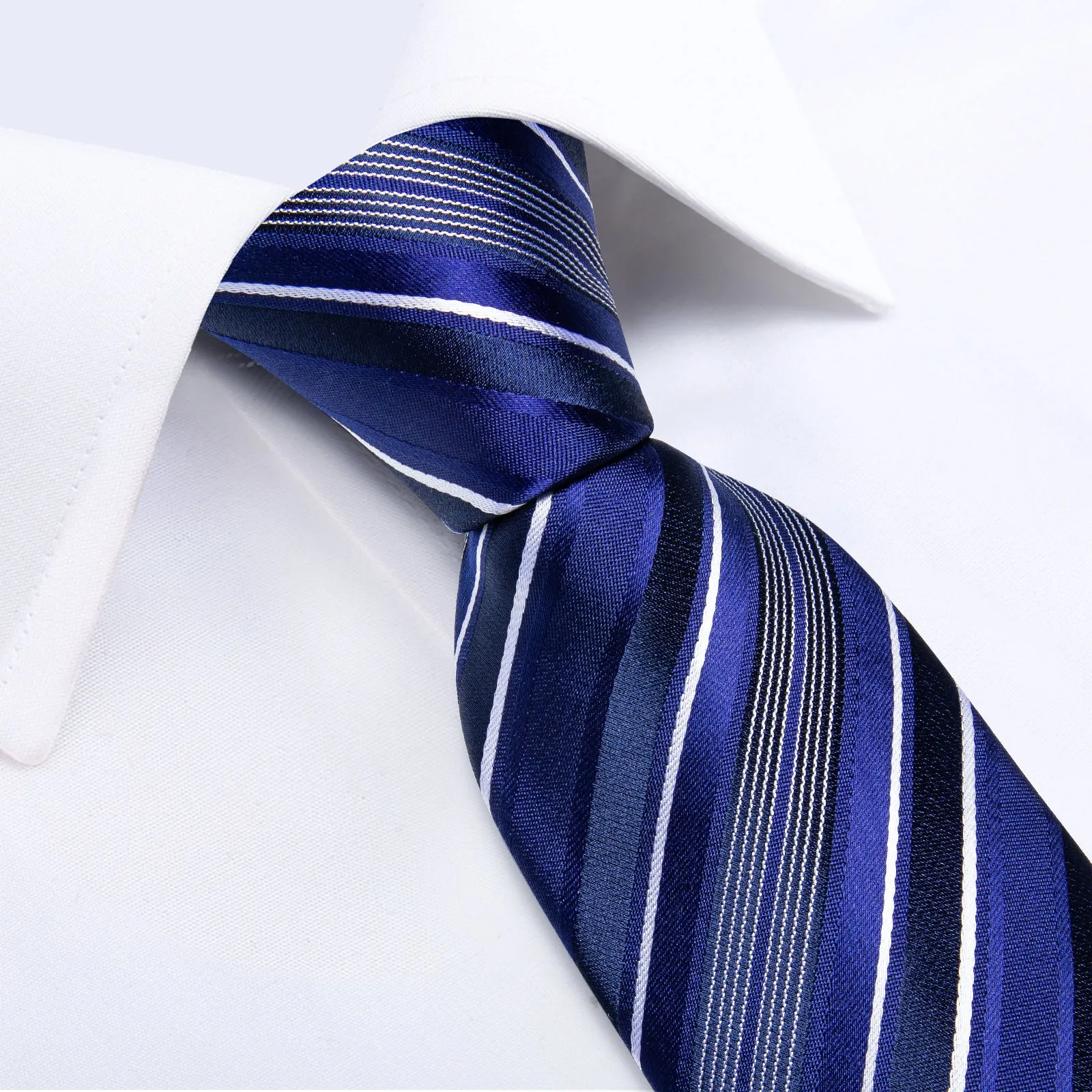 DiBanGu Silk Tie Blue White Stripe Men's Tie Handkerchief Cufflinks Clip Set