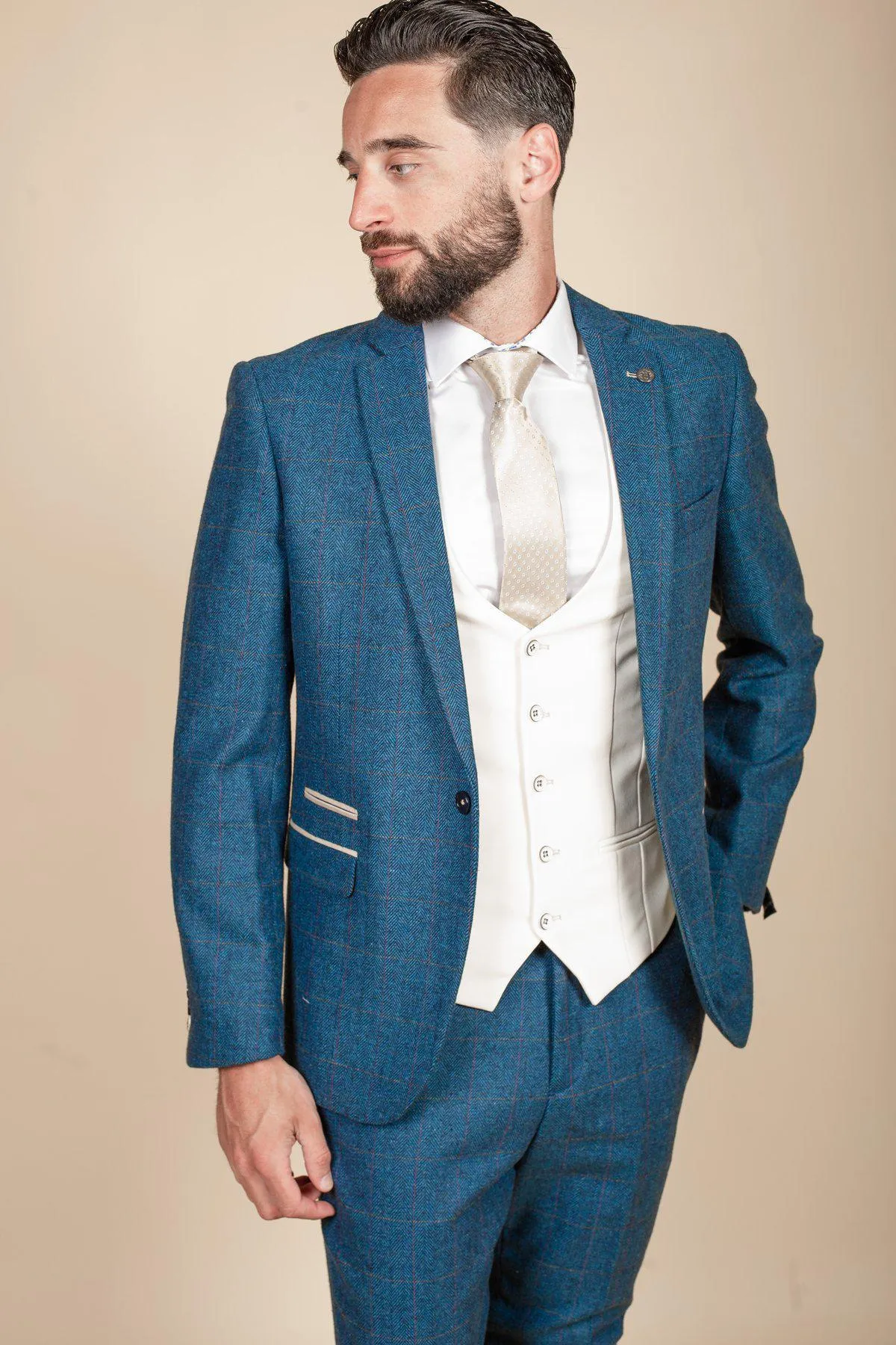 DION - Blue Tweed Check Suit With Kelvin Cream Waistcoat