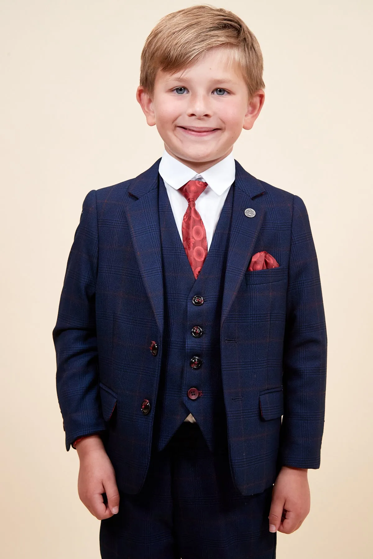 EDINSON - Children's Navy Wine Check Print Three Piece Suit