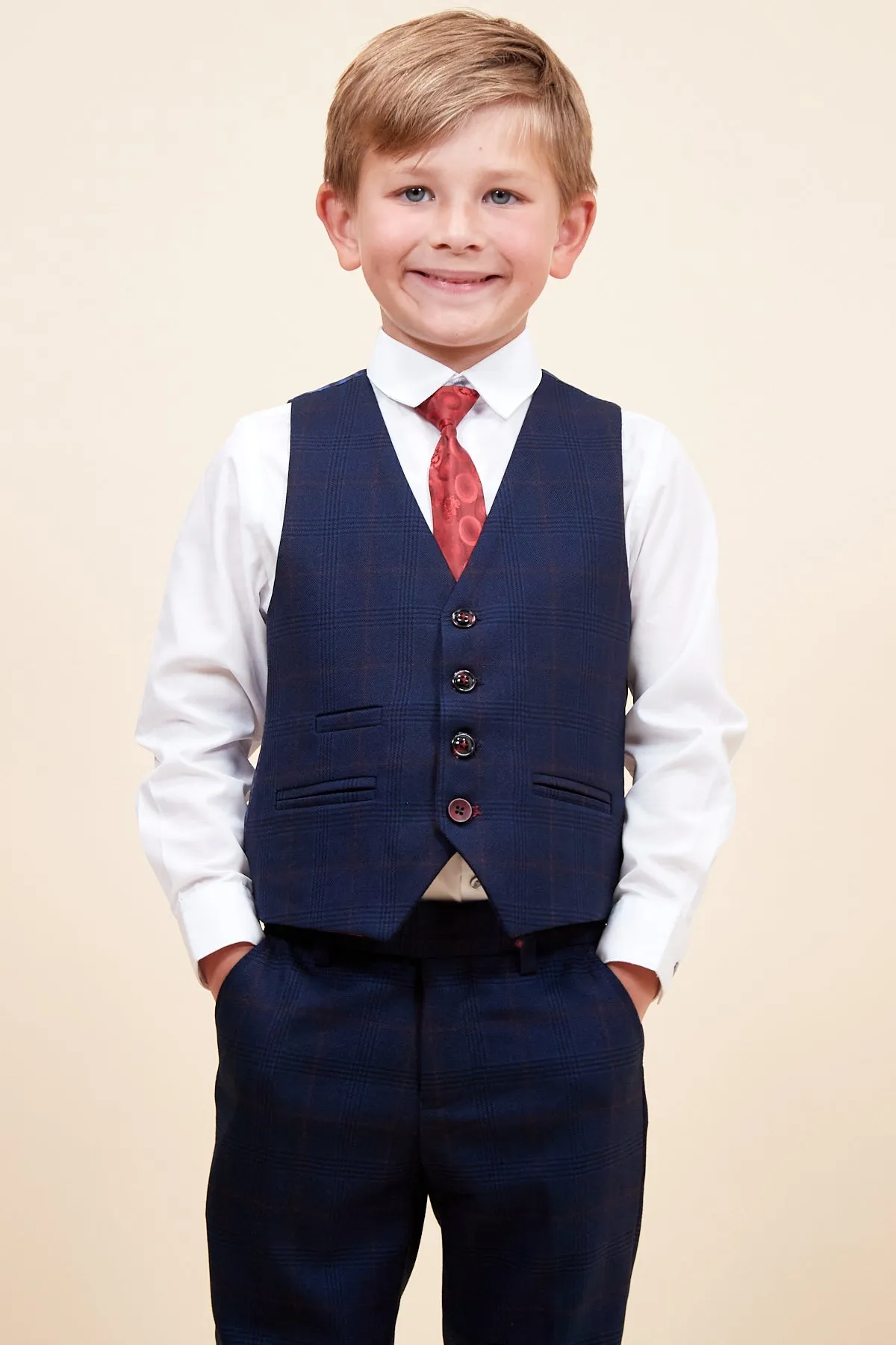 EDINSON - Children's Navy Wine Check Print Three Piece Suit