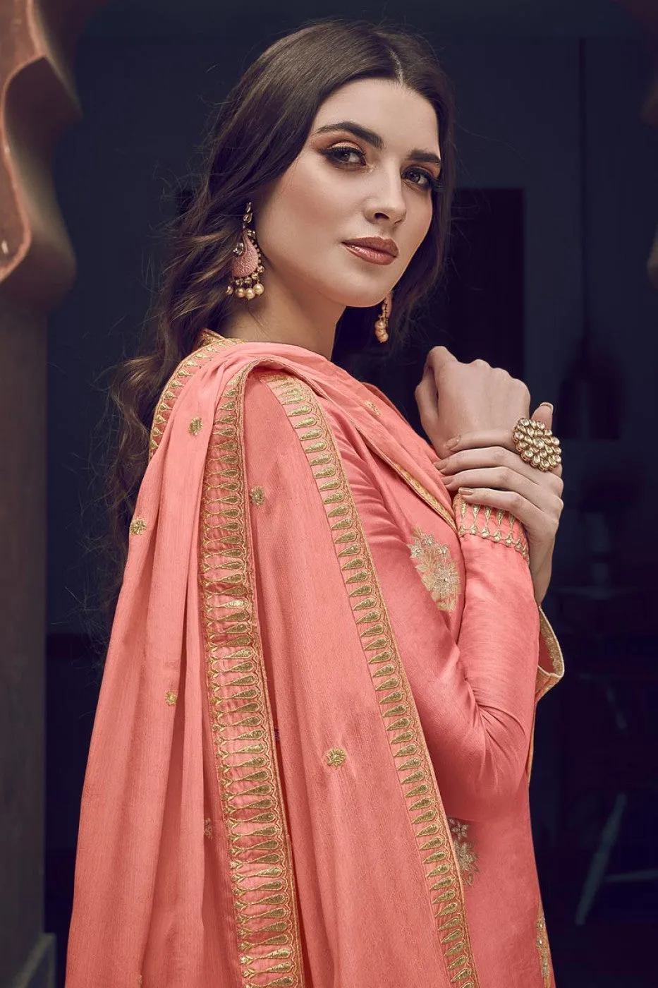 Elegant Peach Jacquard Embroidered Palazzo Style Suit