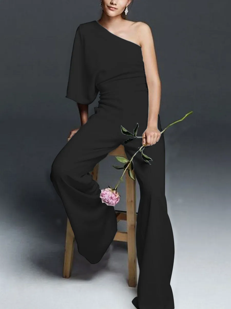 Fashion And Elegant One-Shoulder Top Pants Suit