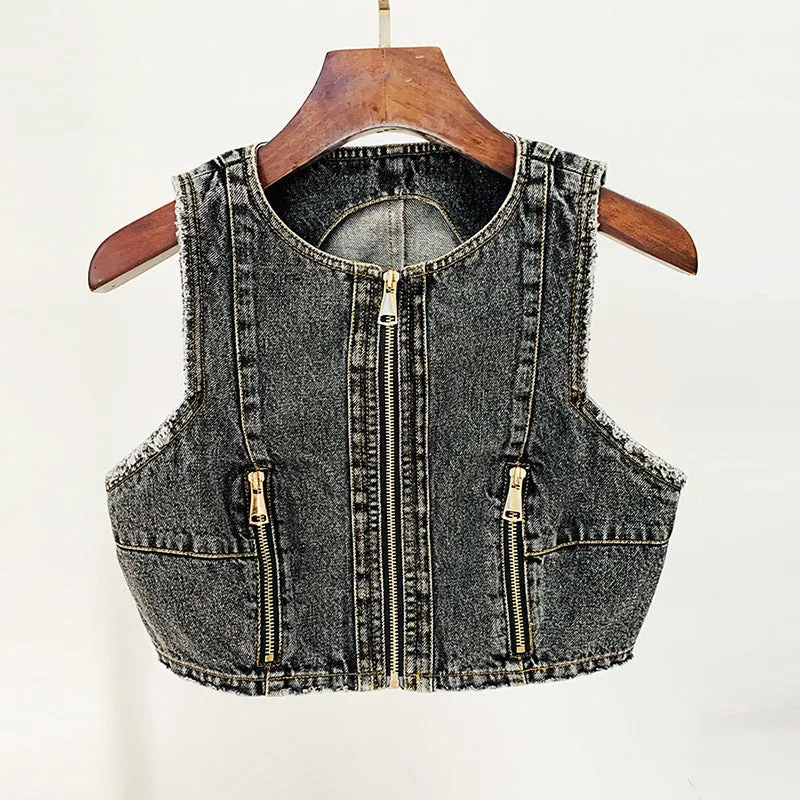 Fashionable New Zipper Denim Tank Top Short Suit