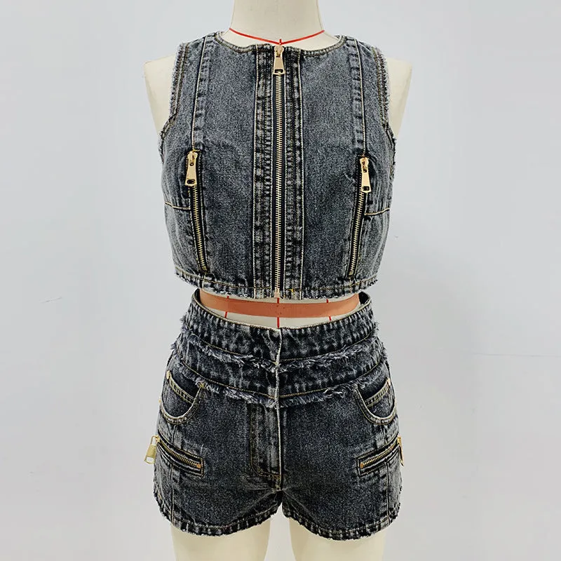 Fashionable New Zipper Denim Tank Top Short Suit