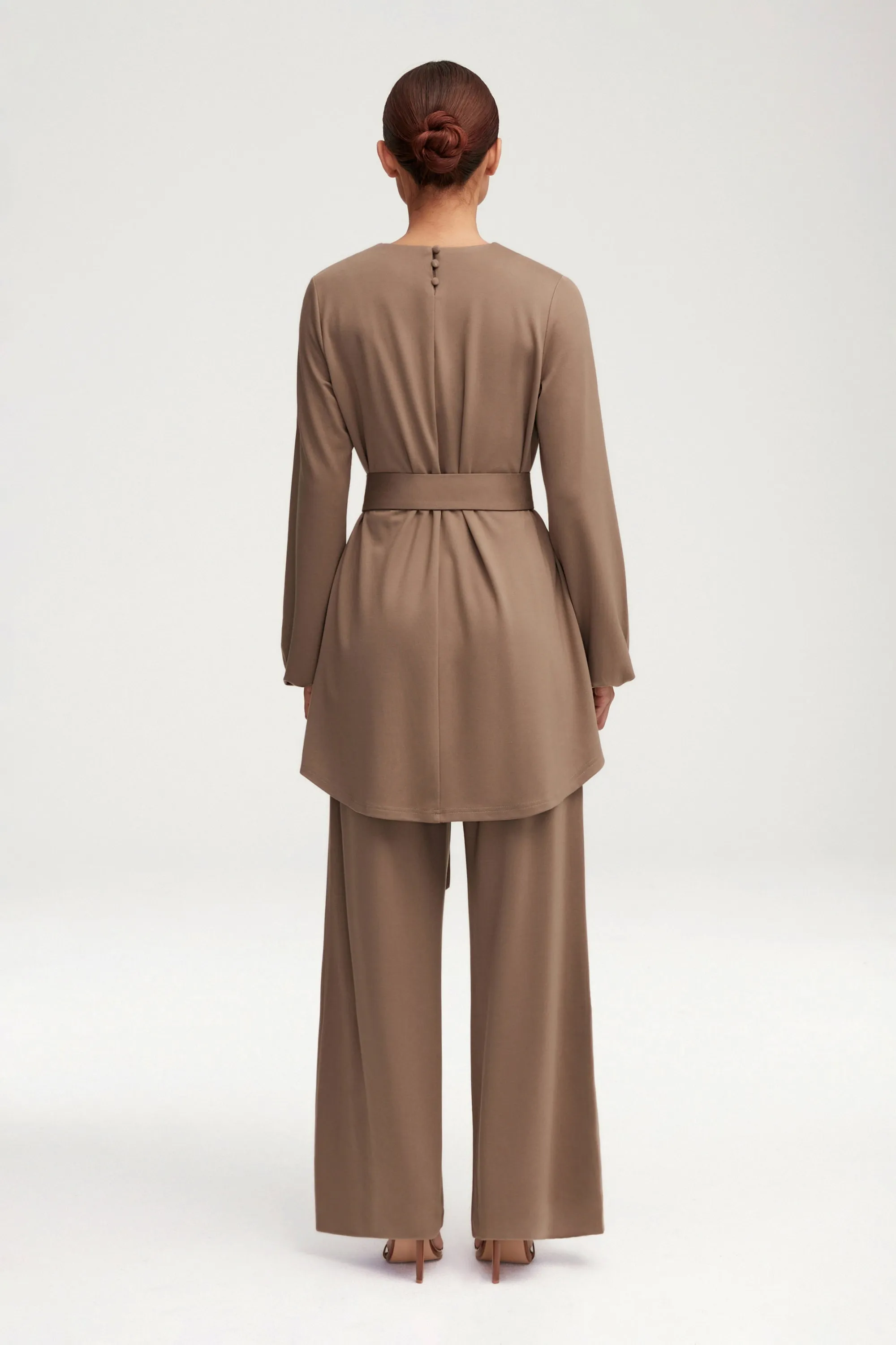 Fatima Everyday Belted Jersey Top - Dark Taupe