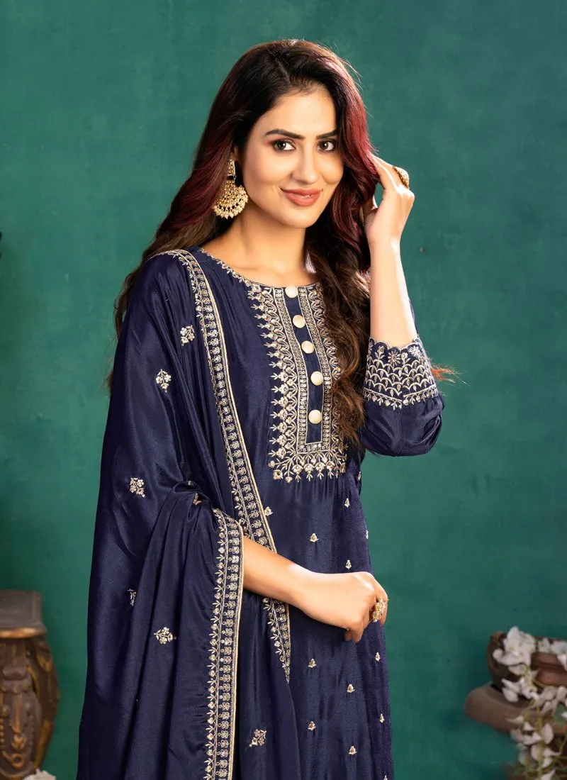 Festival Wear Navy Blue Silk Salwar Suit