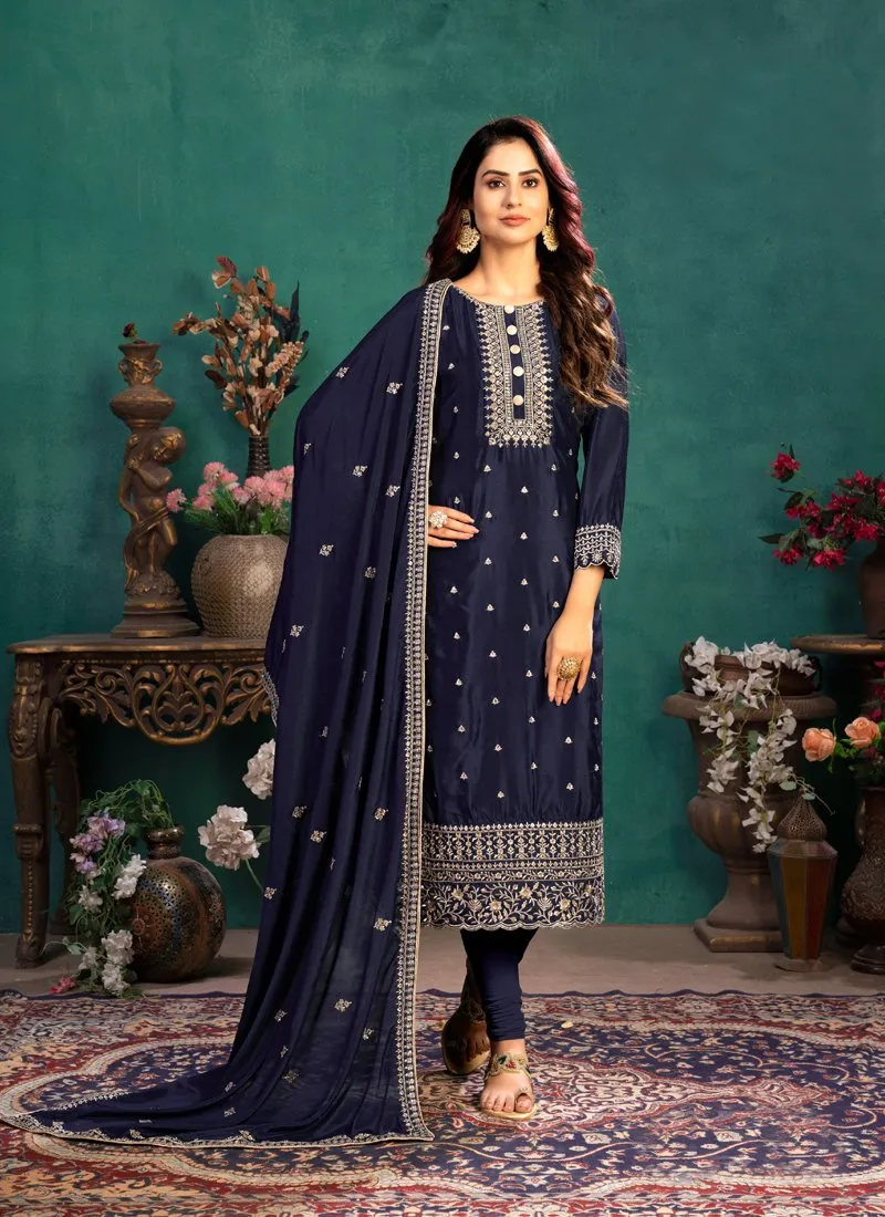 Festival Wear Navy Blue Silk Salwar Suit