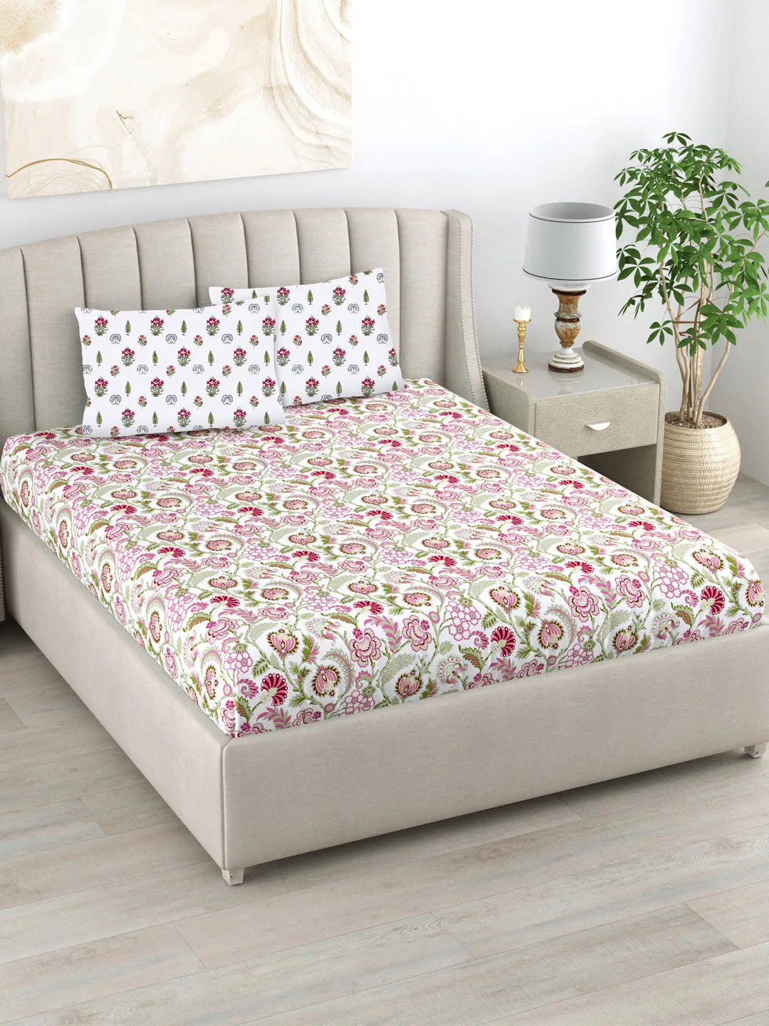 Fitted King Size Cotton Bedsheet - Creeper Pink