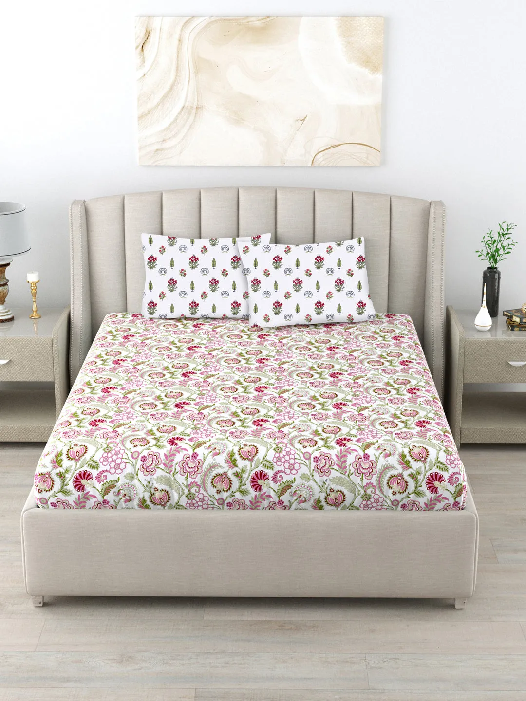 Fitted King Size Cotton Bedsheet - Creeper Pink