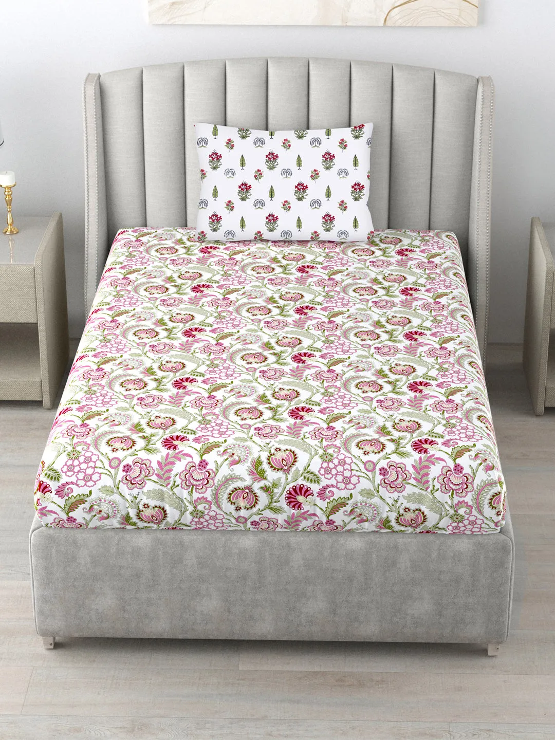 Fitted King Size Cotton Bedsheet - Creeper Pink