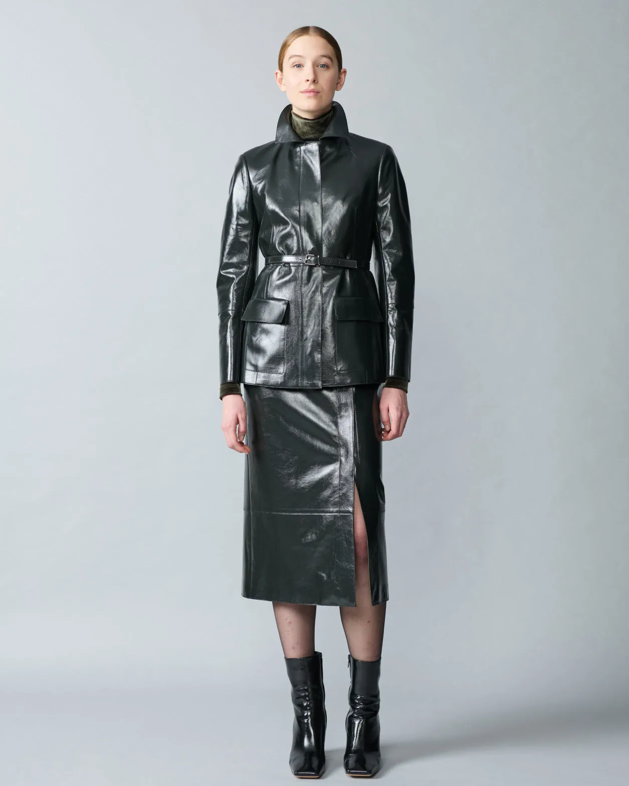 Fitted Leather Jacket with Belt in Lacquer Leather