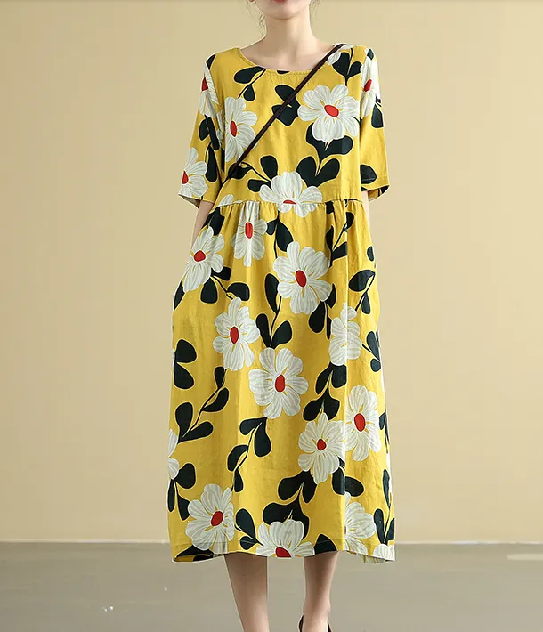 Flower Print Summer  Linen Spring Women loose Dresses DZA05142